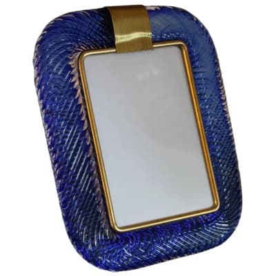 Cadre photo torsadé bleu saphir des années 2000 en verre de Murano et laiton de Barovier e Toso