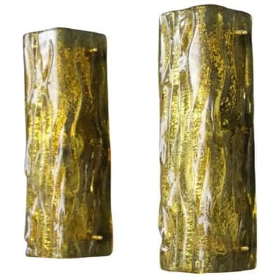 Pair of Murano gold glass sconces, square tube wall lamps, Mazzega style