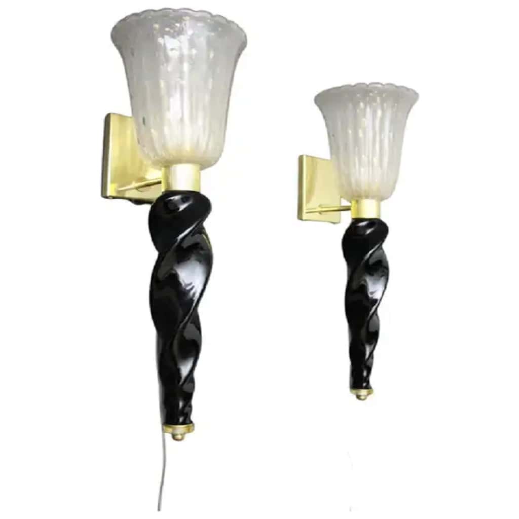 Wall lights in gold and black Murano glass, Barovier style, Torchères 3 wall lights