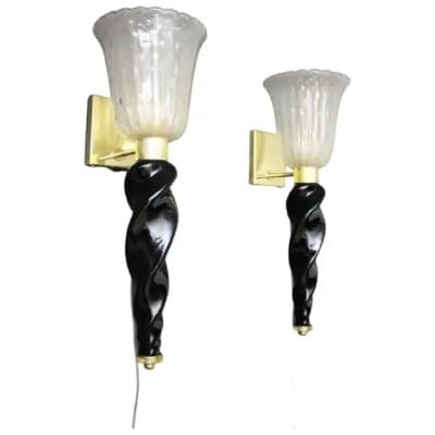 Wall lights in gold and black Murano glass, Barovier style, Torchères wall lights