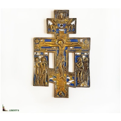 Orthodox enameled brass cross, 11.5 cm x 17.5 cm, (End XIXe)