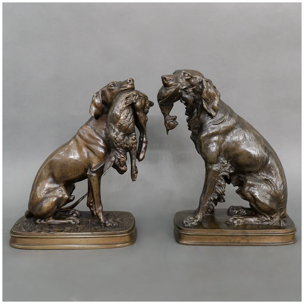 Sculpture – Paire De Chiens De Chasse Aux Gibiers , Ferdinand Pautrot (1832 – 1874) – Bronze 6
