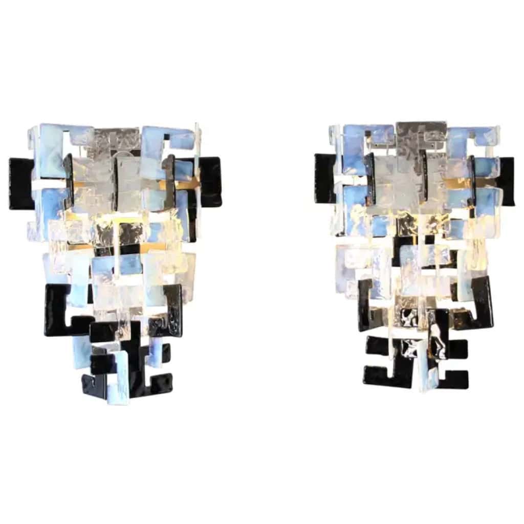 Mazzega Long interlocking wall lights in opalescent, crystal and black glass 3