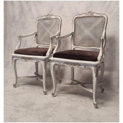 Pair of Regency Style Cane Armchairs – Painted Wood – 19th