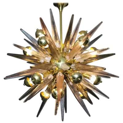 Lustre Sputnik avec Pointes en Cristal Murano Rose, Fumé et Transparent
