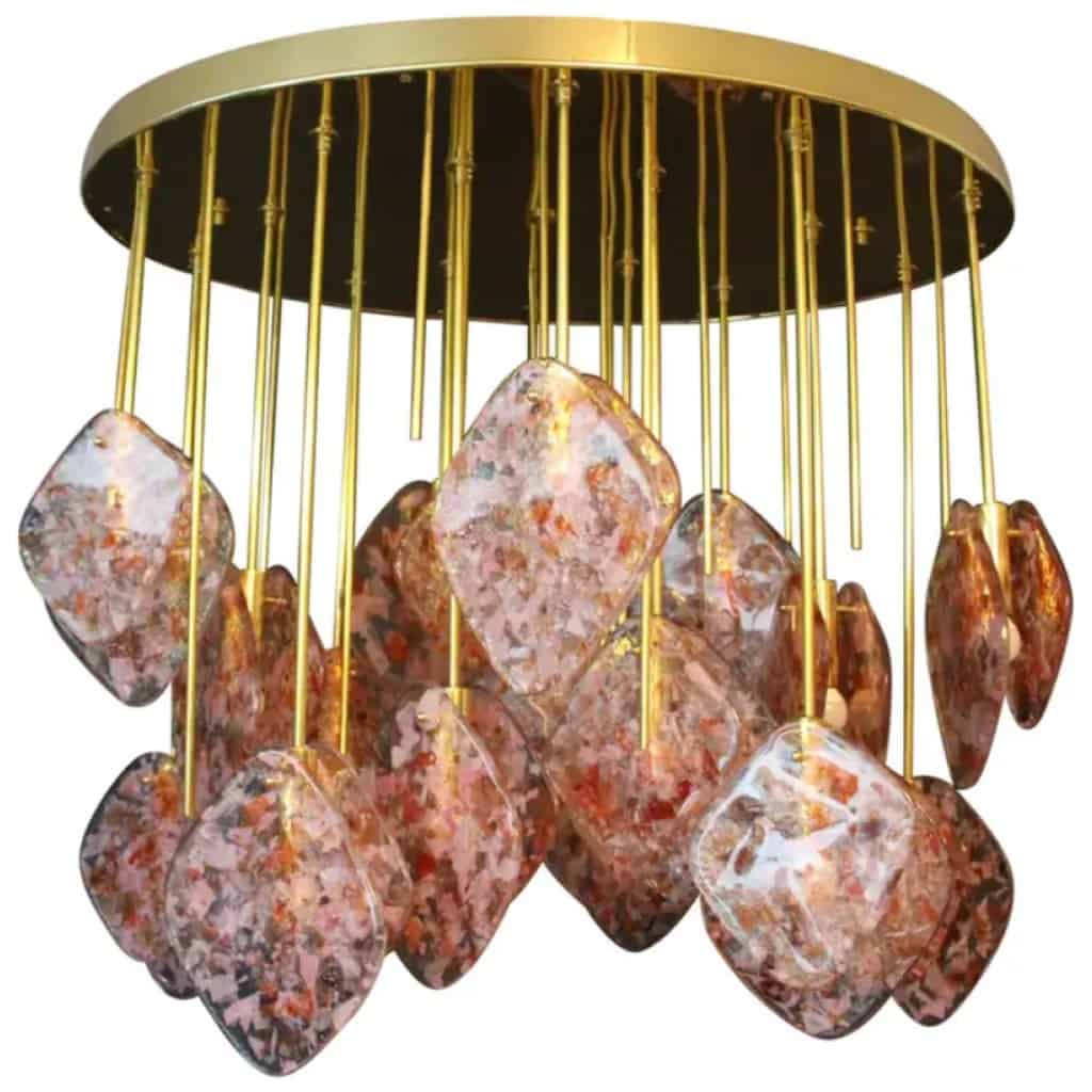 Lustre italien ovale moderne du milieu du siècle en laiton et verre rose 3