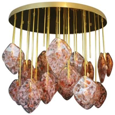 Mid-Century Modern Italian Oval Chandelier in Brass and Pink Glass