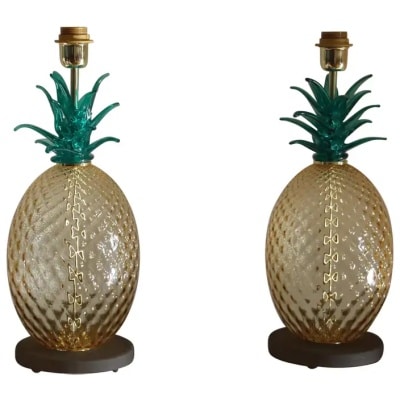 Paire de lampes de table ananas en verre de Murano de couleur vert émeraude et ambre 3