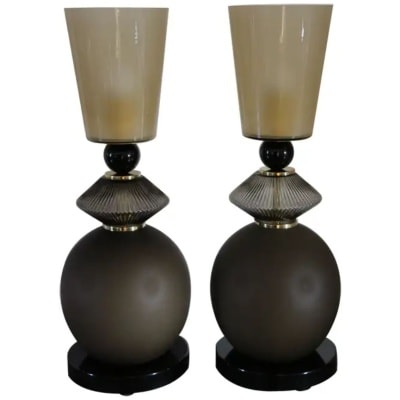 Paire de lampes de table en verre de Murano beige et brun fumé