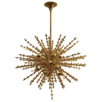 Lustre Spoutnik extra large en laiton et fleurs en cristal transparent