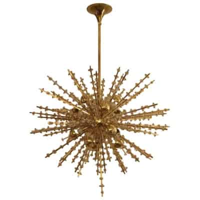 Lustre Spoutnik extra large en laiton et fleurs en cristal transparent