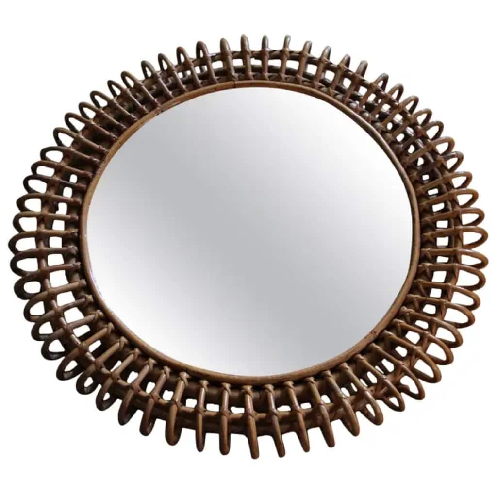 Round Rattan and Bamboo Wall Mirror from the 1960s by Franco Albini 3