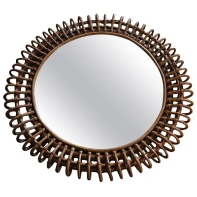 Round Rattan and Bamboo Wall Mirror from the 1960s by Franco Albini