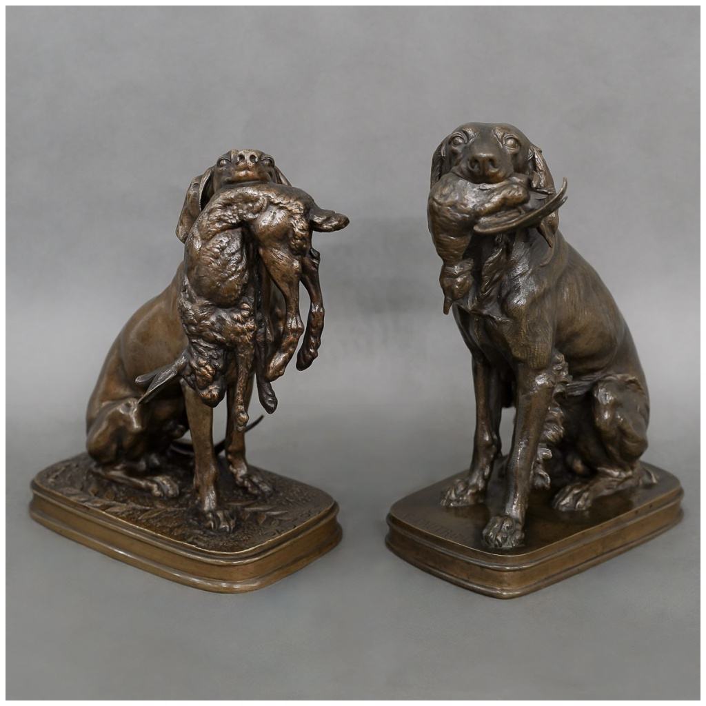 Sculpture – Paire De Chiens De Chasse Aux Gibiers , Ferdinand Pautrot (1832 – 1874) – Bronze 3