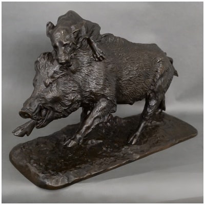 Sculpture – Sanglier Attaqué Par Un Chien , Isidore Jules Bonheur (1827-1901) – Bronze