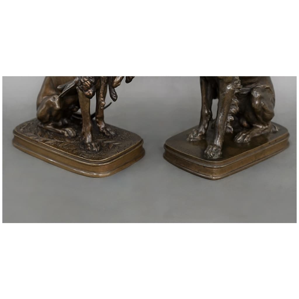 Sculpture – Paire De Chiens De Chasse Aux Gibiers , Ferdinand Pautrot (1832 – 1874) – Bronze 14