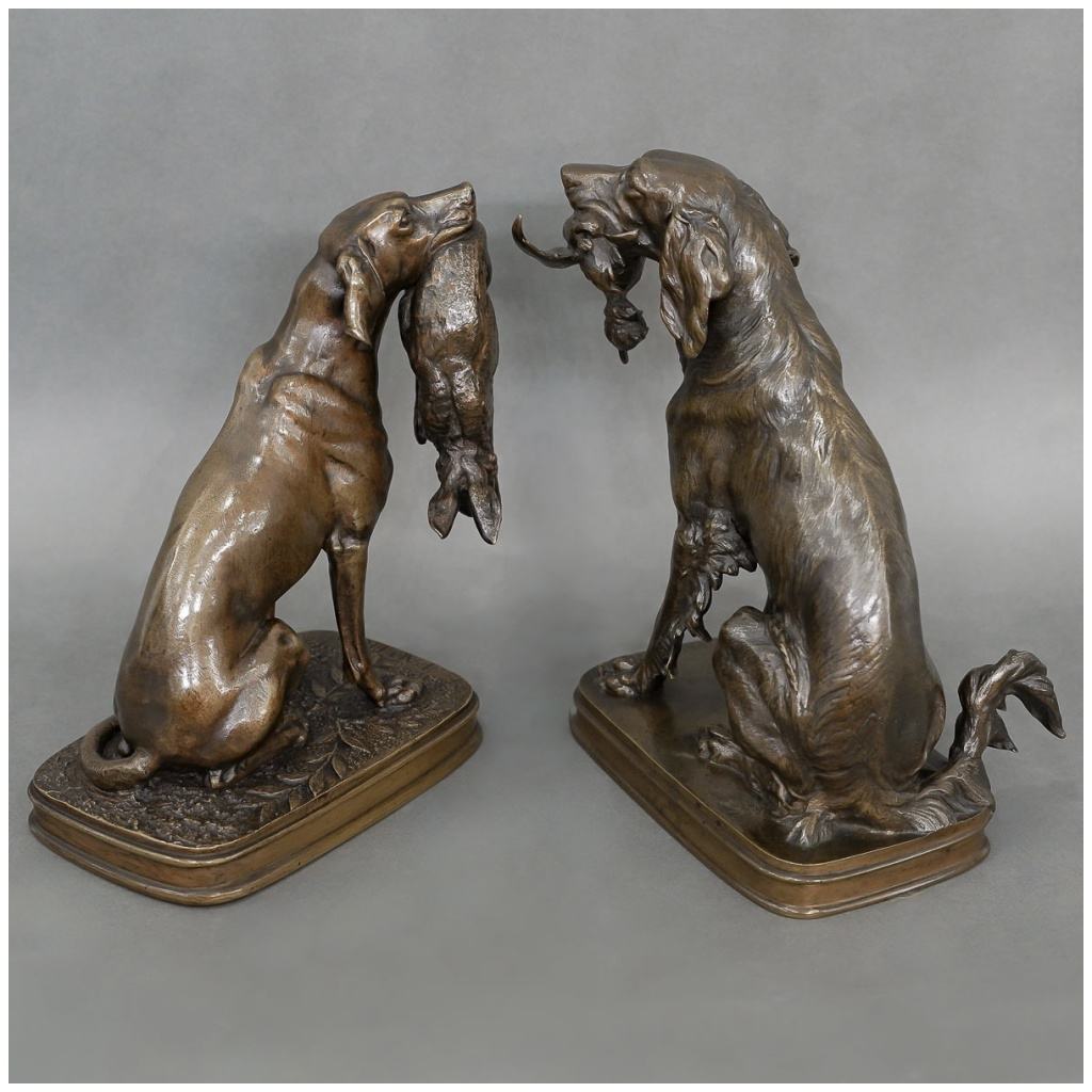 Sculpture – Paire De Chiens De Chasse Aux Gibiers , Ferdinand Pautrot (1832 – 1874) – Bronze 10