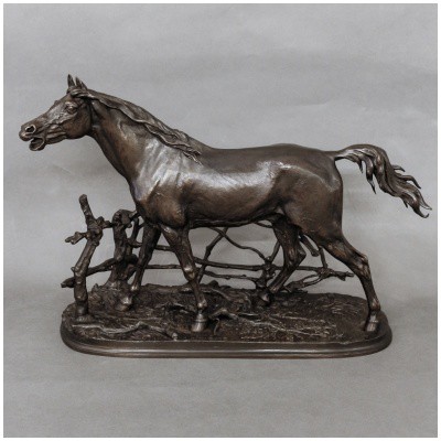 Sculpture – Cheval À La Barrière « Djinn Étalon Barbe » , Pierre-Jules Mêne (1810-1879) – Bronze