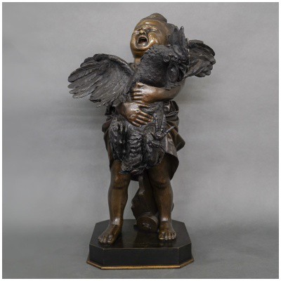 Sculpture – L’ Enfant Au Coq , Adriano CECIONI (1838-1886) – Bronze