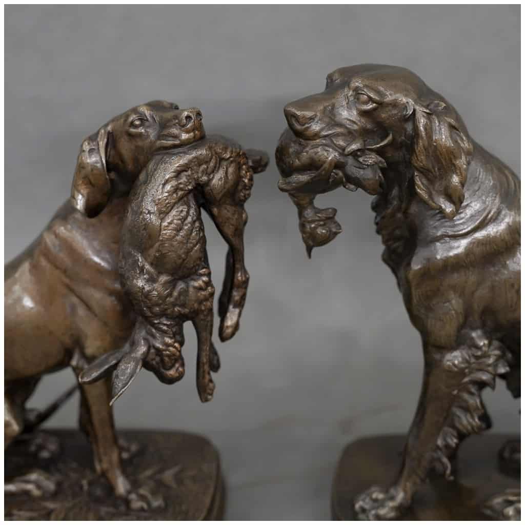 Sculpture – Paire De Chiens De Chasse Aux Gibiers , Ferdinand Pautrot (1832 – 1874) – Bronze 9