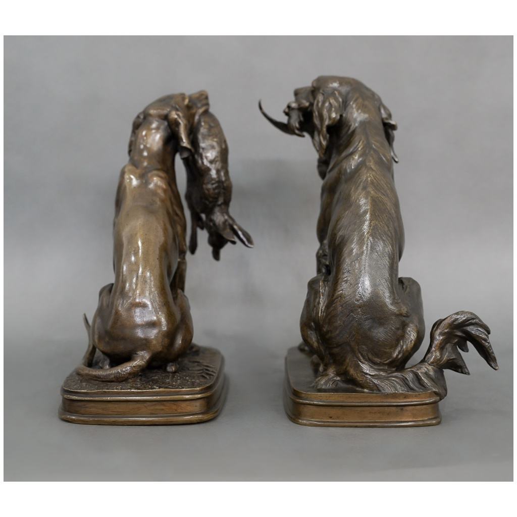 Sculpture – Paire De Chiens De Chasse Aux Gibiers , Ferdinand Pautrot (1832 – 1874) – Bronze 7