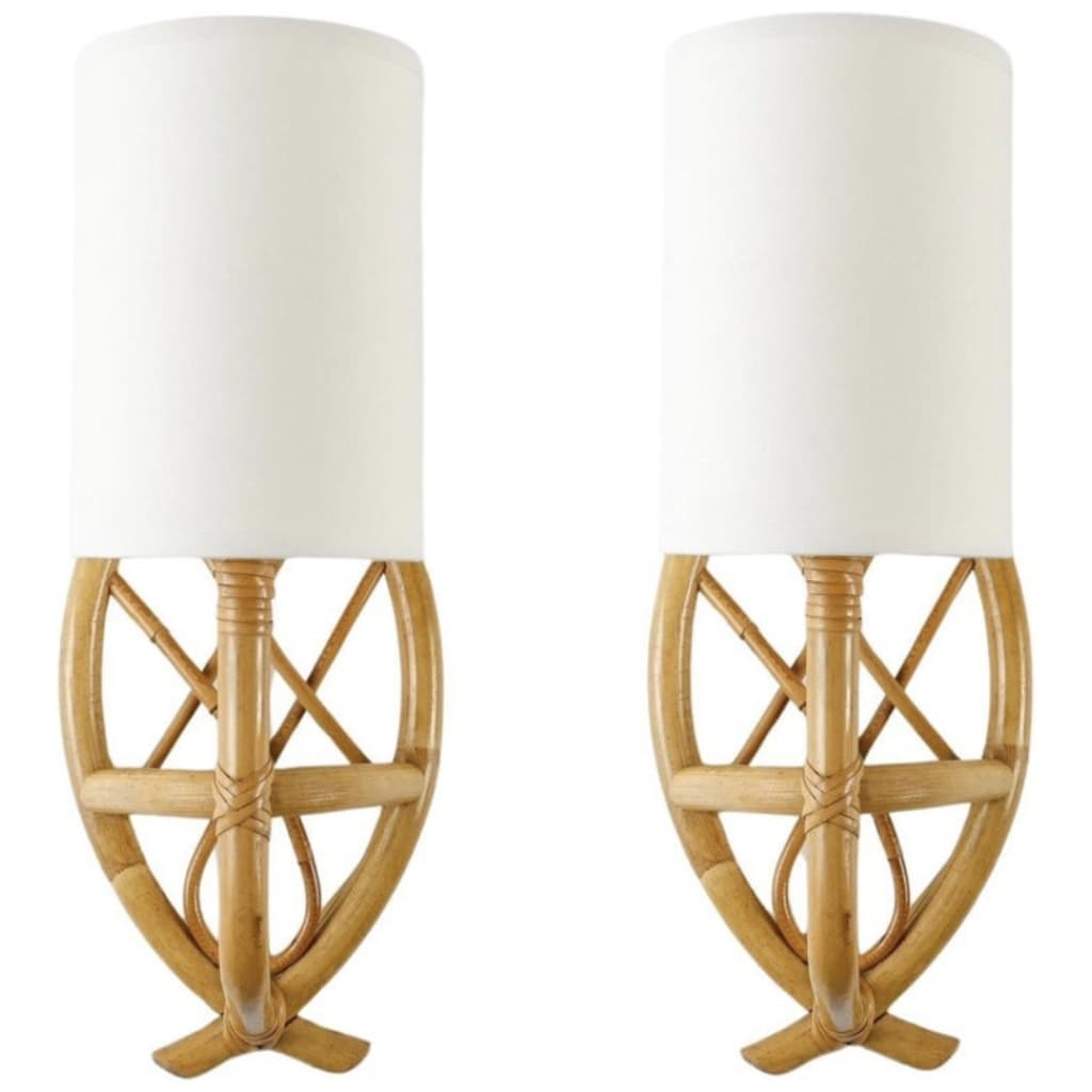 1950 Pair of Louis Sognot 3 rattan sconces