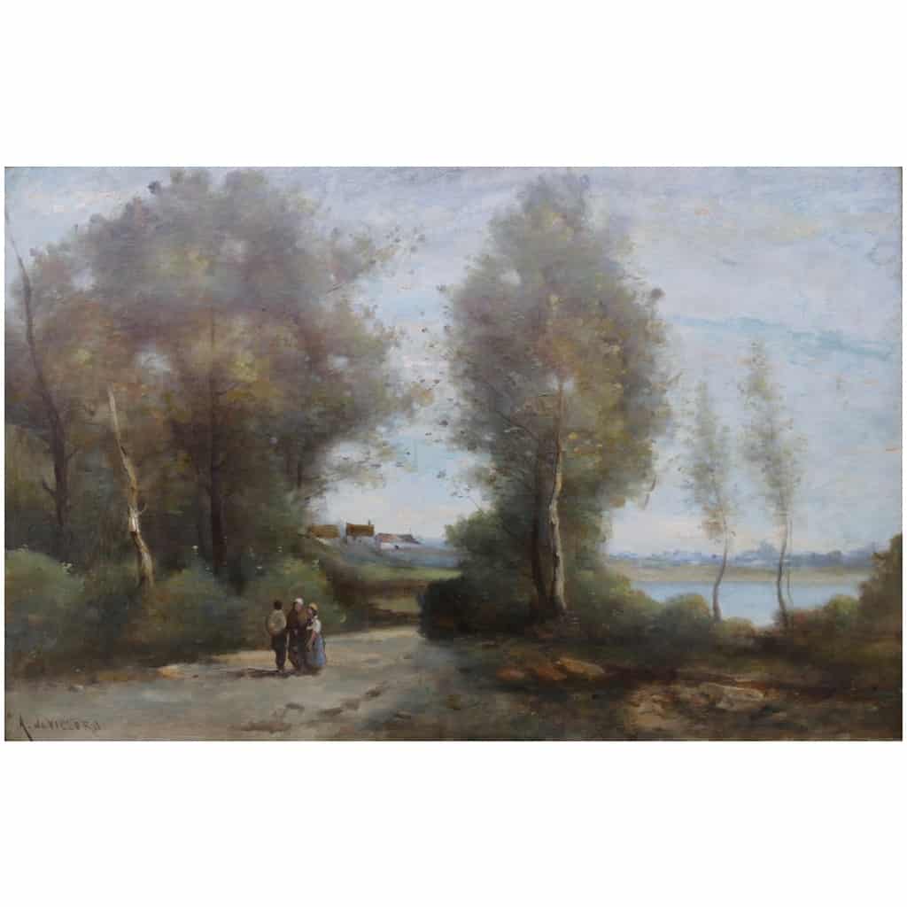 De Villers Adolphe Ecole Française Promenade Le Long De La Rivière Huile Sur Toile Signée Certificat d’authenticité 4