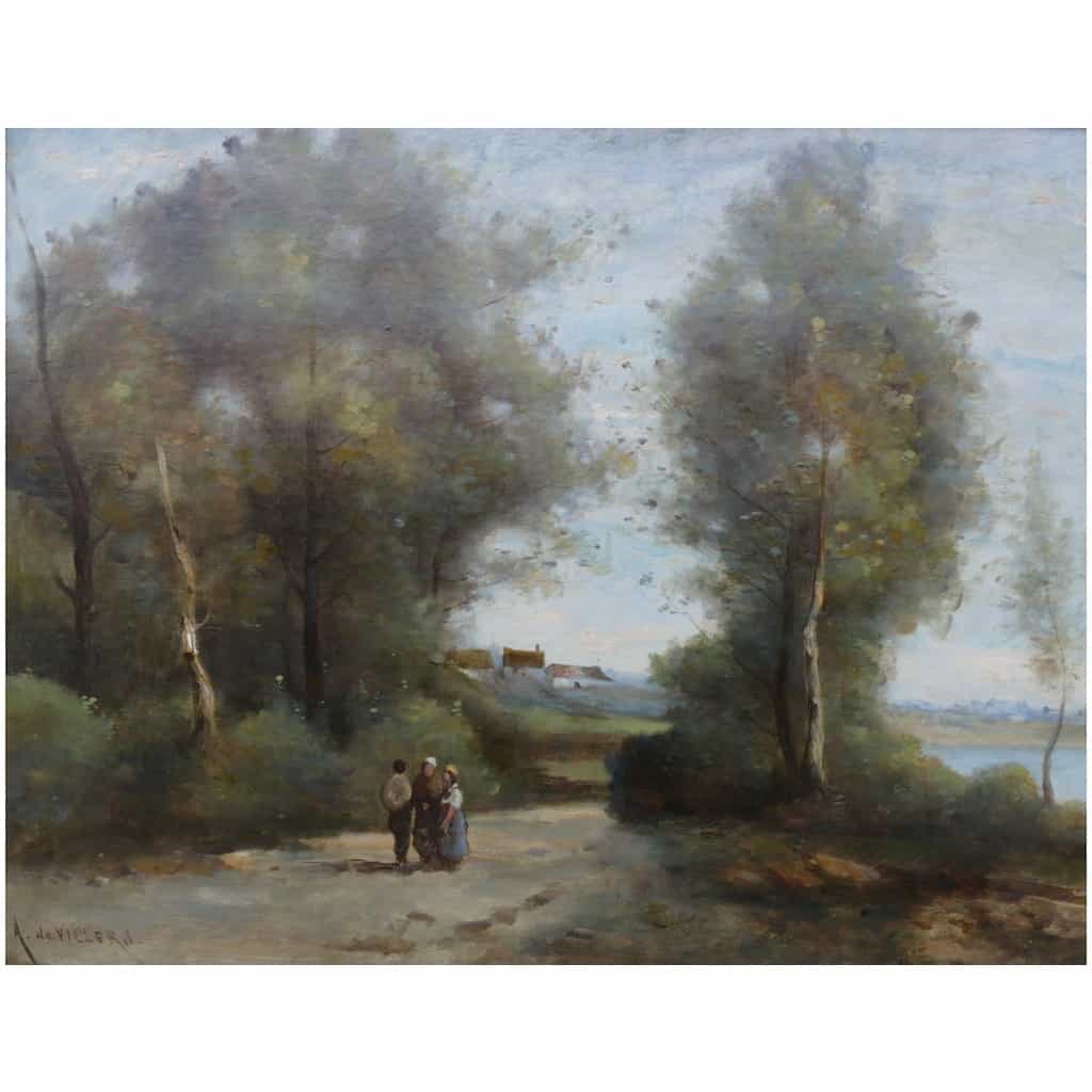 De Villers Adolphe Ecole Française Promenade Le Long De La Rivière Huile Sur Toile Signée Certificat d’authenticité 5