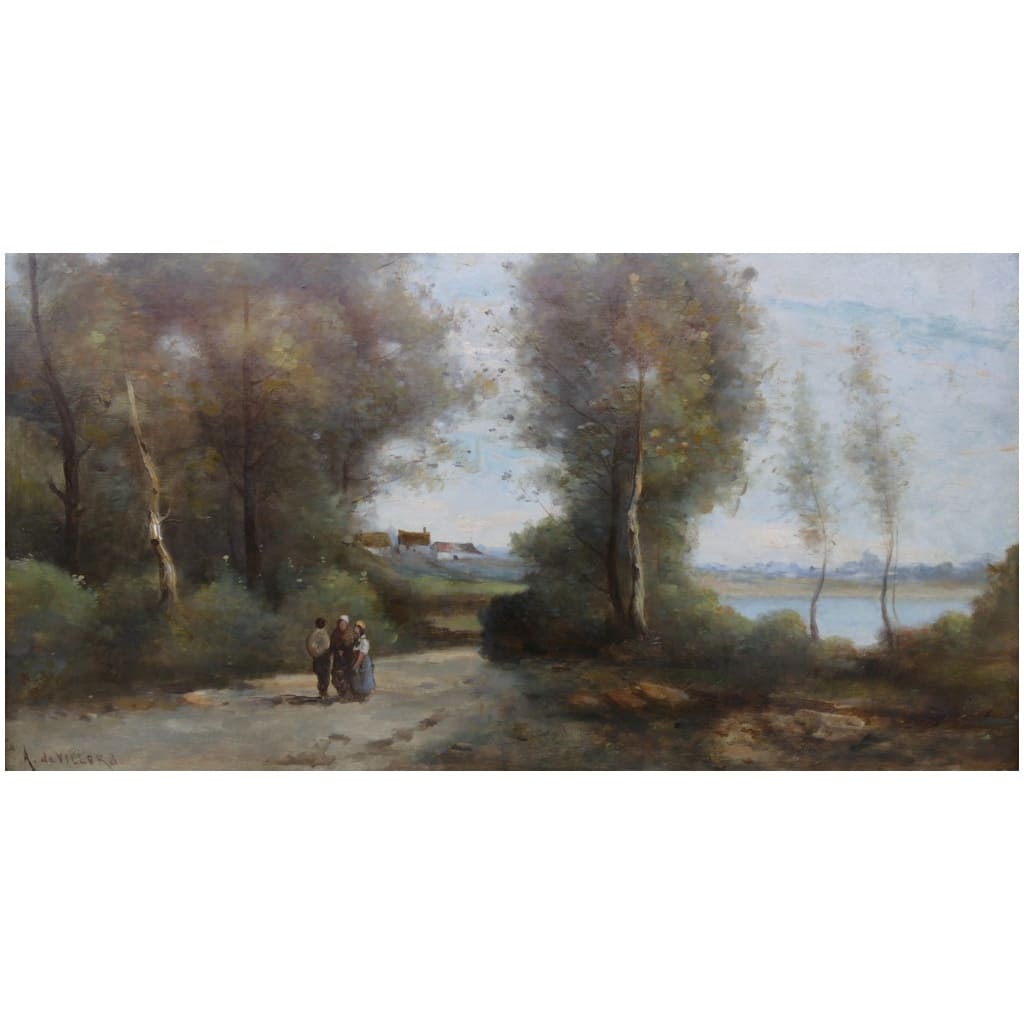 De Villers Adolphe Ecole Française Promenade Le Long De La Rivière Huile Sur Toile Signée Certificat d’authenticité 8