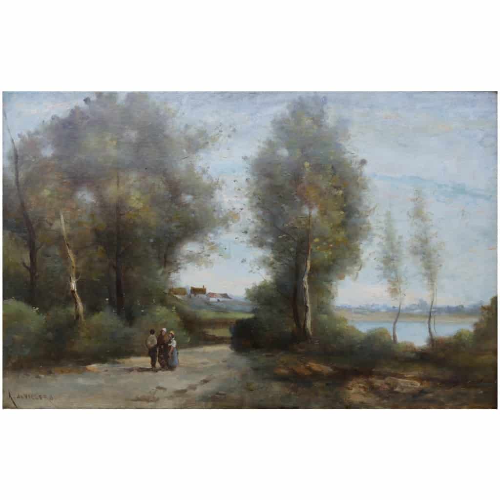 De Villers Adolphe Ecole Française Promenade Le Long De La Rivière Huile Sur Toile Signée Certificat d’authenticité 12