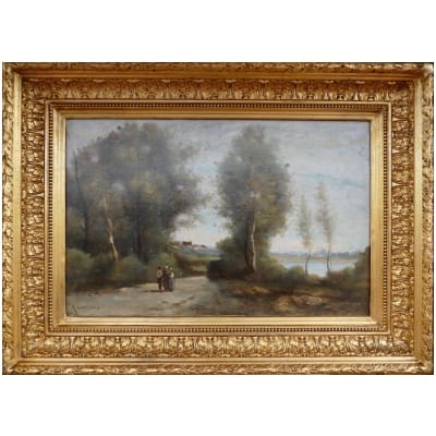 De Villers Adolphe French School Walk Along The River Oil On Canvas Signed Certificate of Authenticity