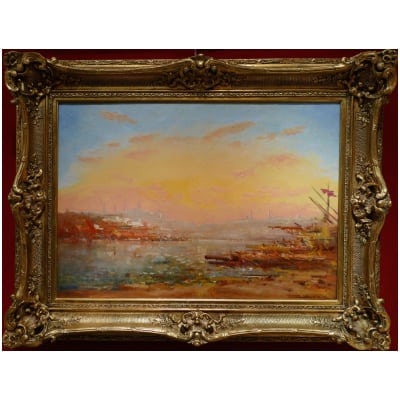 DUVIEUX Henri French School Orientalist painting 19th century Sunny view of Constantinople Oil on canvas signed 3