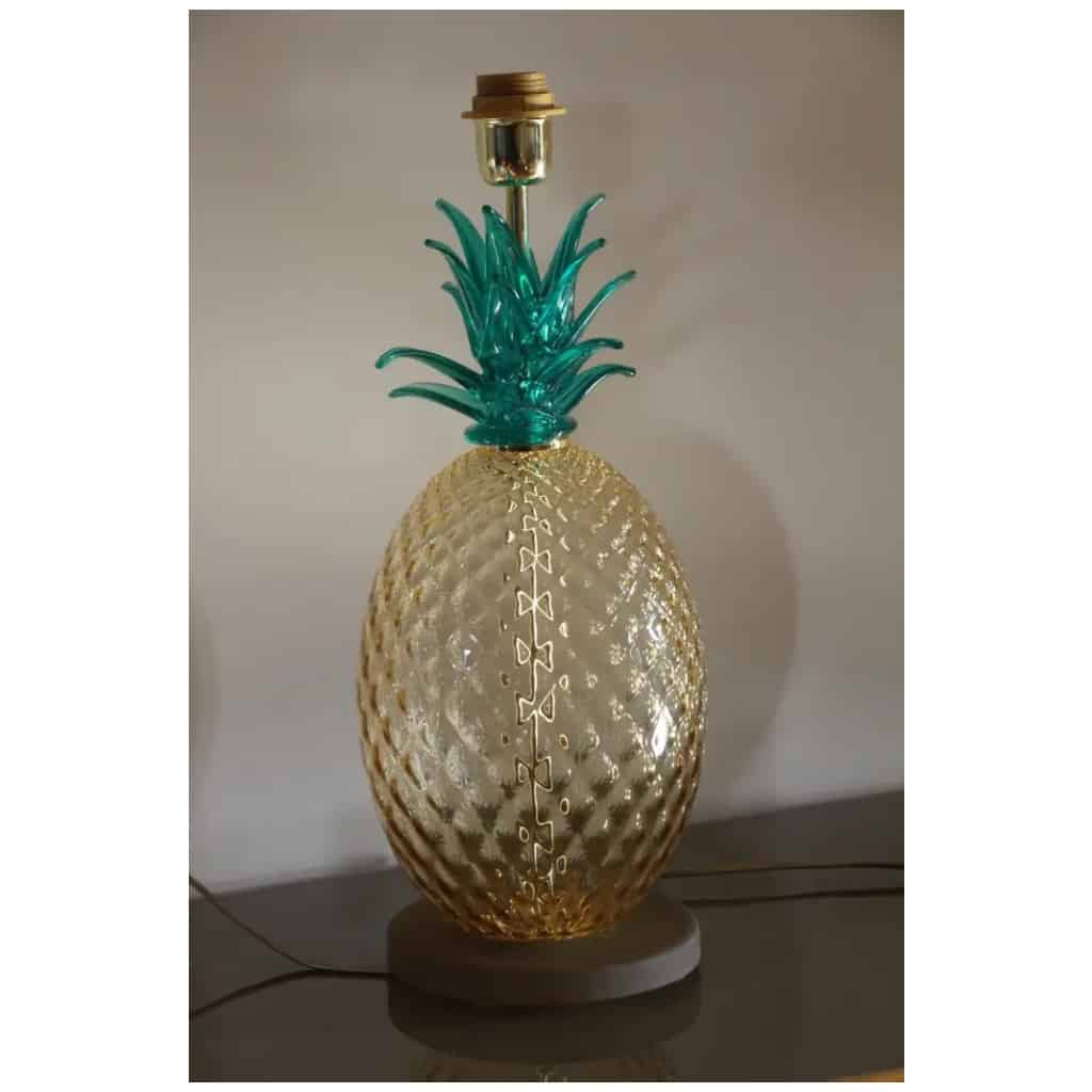 Pair of pineapple table lamps in Murano glass in emerald green and amber color 15