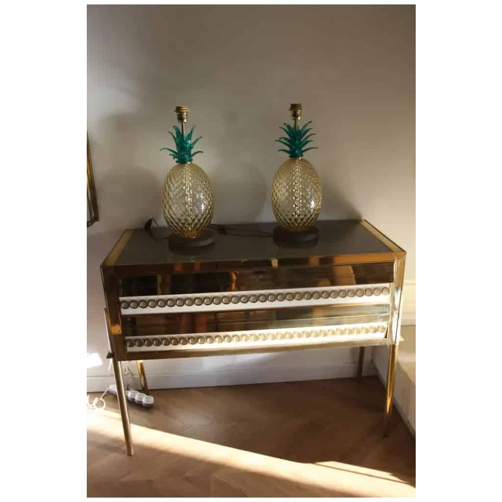 Paire de lampes de table ananas en verre de Murano de couleur vert émeraude et ambre 17