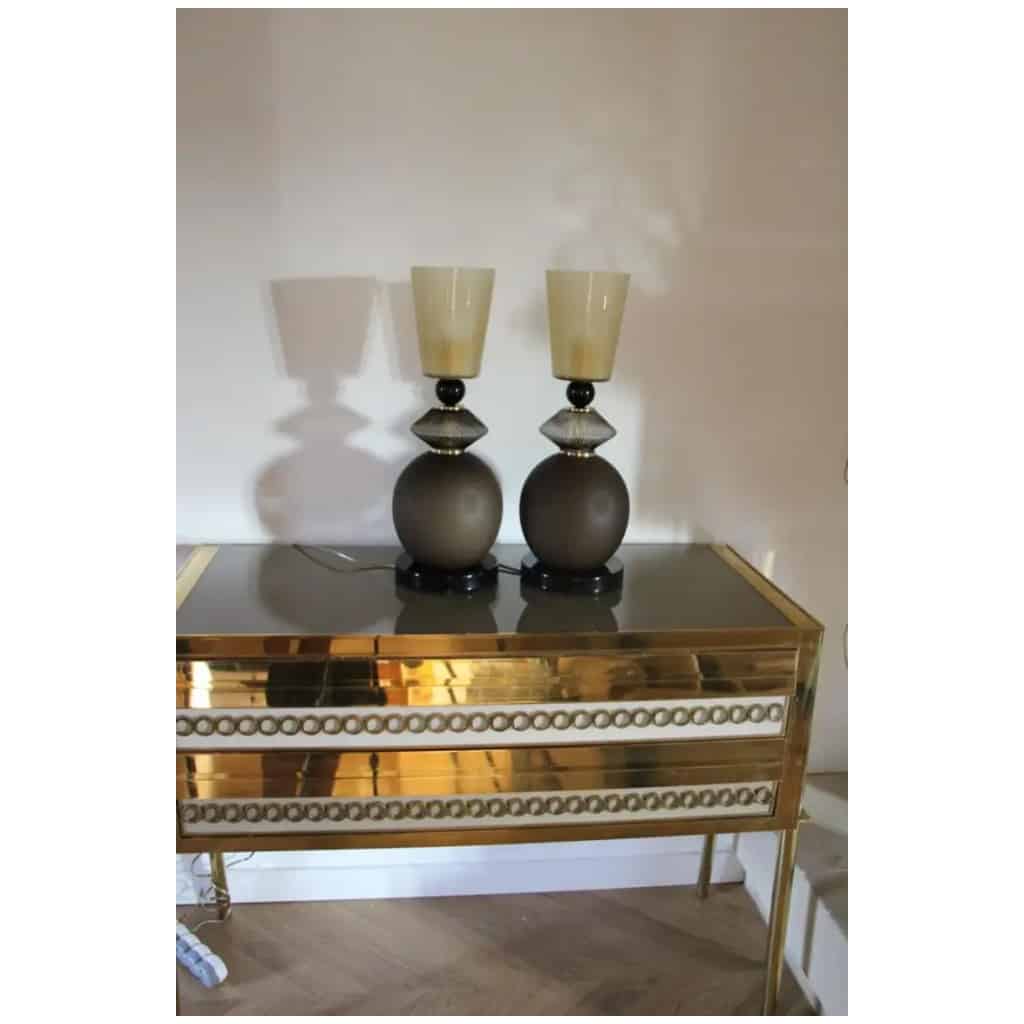 Paire de lampes de table en verre de Murano beige et brun fumé 13