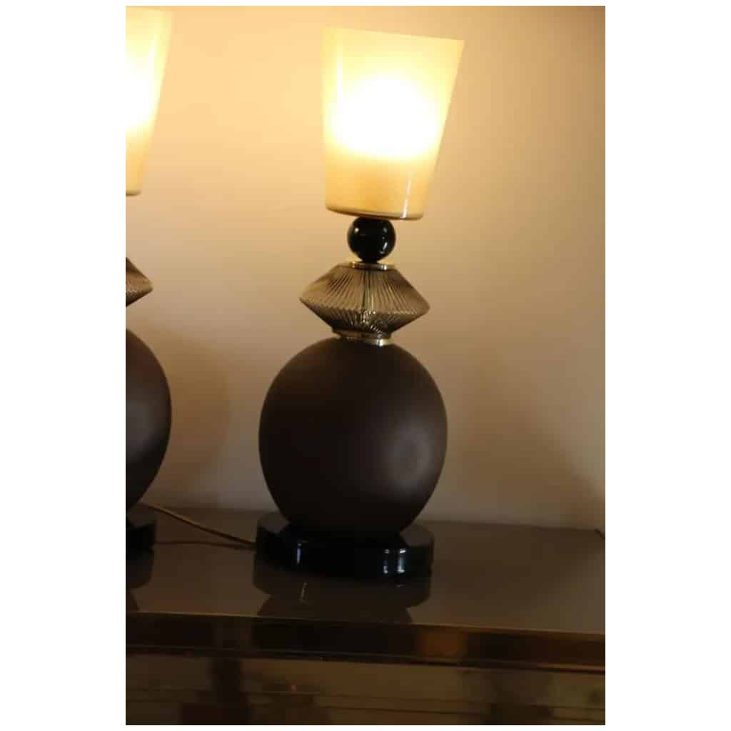 Paire de lampes de table en verre de Murano beige et brun fumé 11