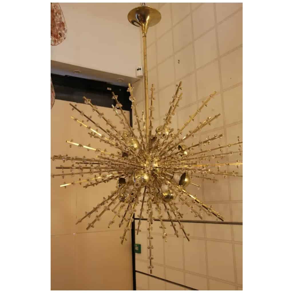 Lustre Spoutnik extra large en laiton et fleurs en cristal transparent 12