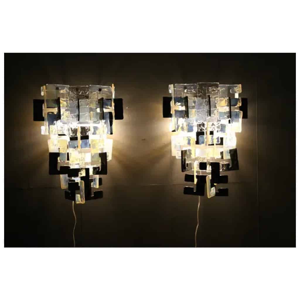 Mazzega Long interlocking wall lights in opalescent, crystal and black glass 11