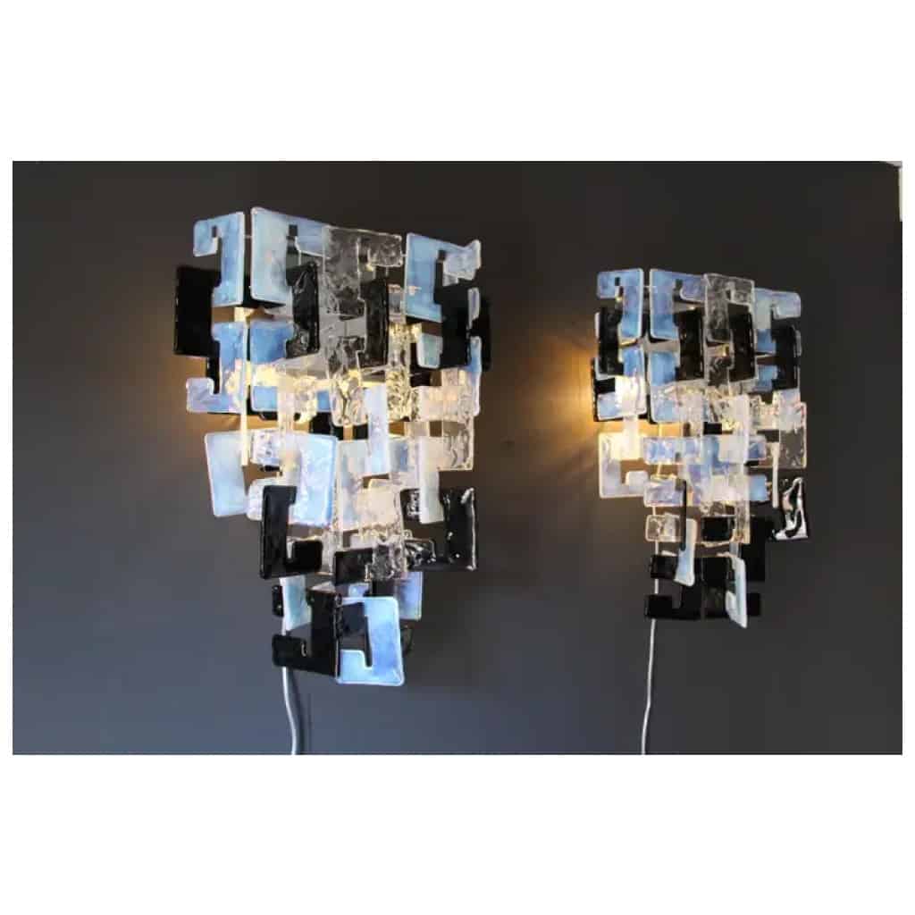 Mazzega Long interlocking wall lights in opalescent, crystal and black glass 12