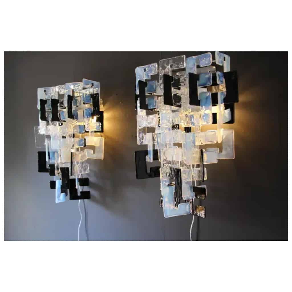 Mazzega Long interlocking wall lights in opalescent, crystal and black glass 13