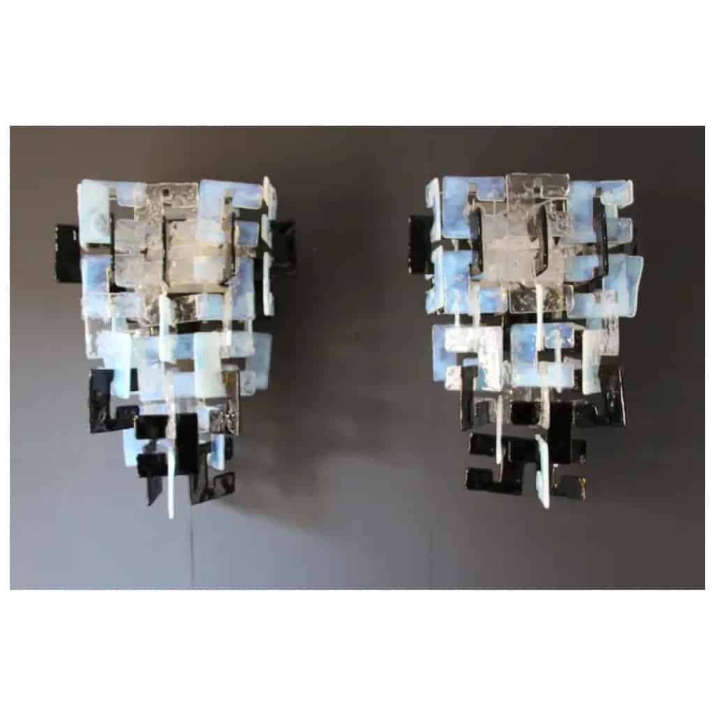 Mazzega Long interlocking wall lights in opalescent, crystal and black glass 14