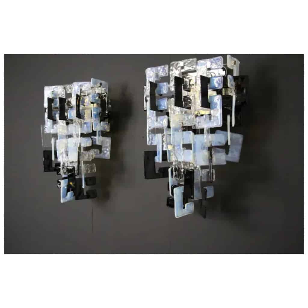 Mazzega Long interlocking wall lights in opalescent, crystal and black glass 15