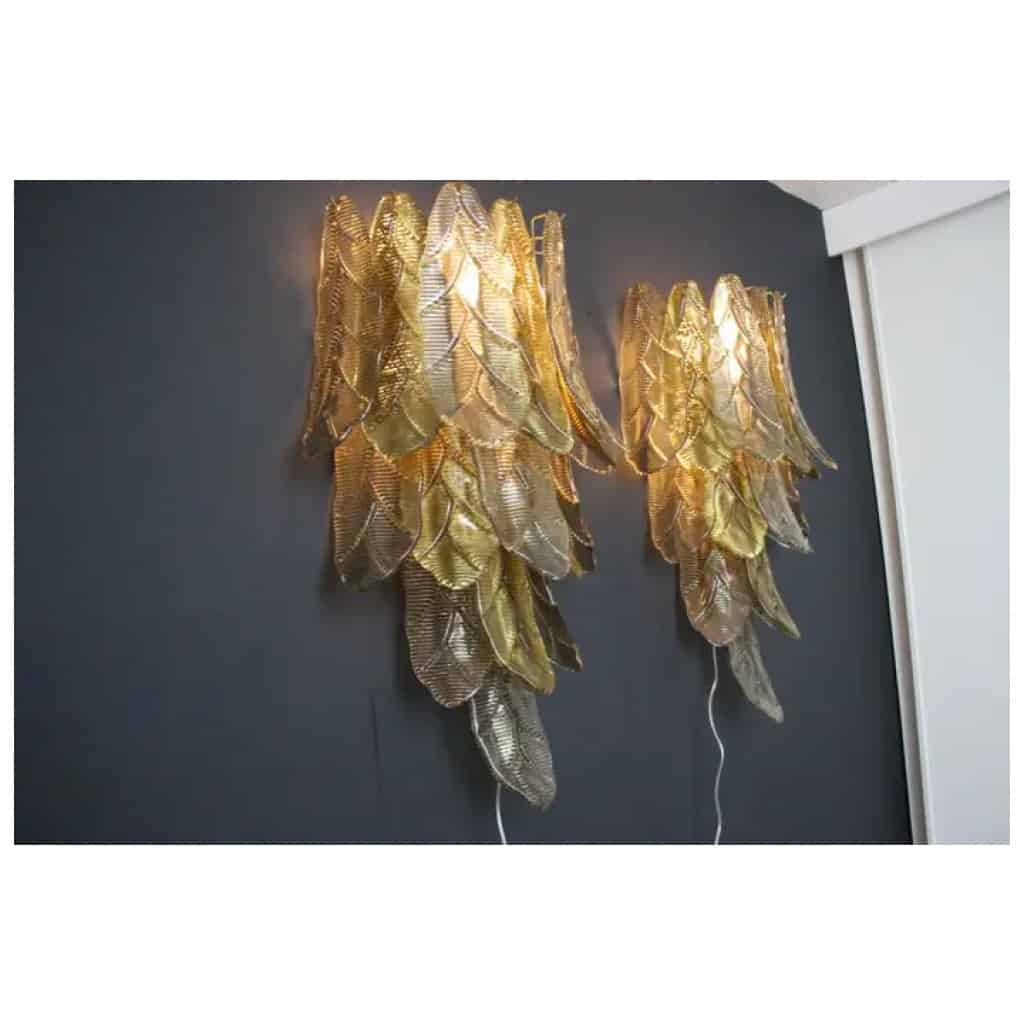 Paire d’appliques en verre de Murano doré texturé et fumé en forme de palmier 7