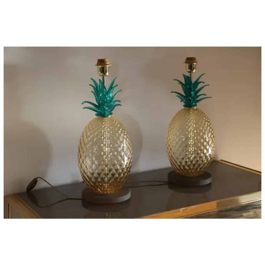 Pair of pineapple table lamps in Murano glass in emerald green and amber color 4