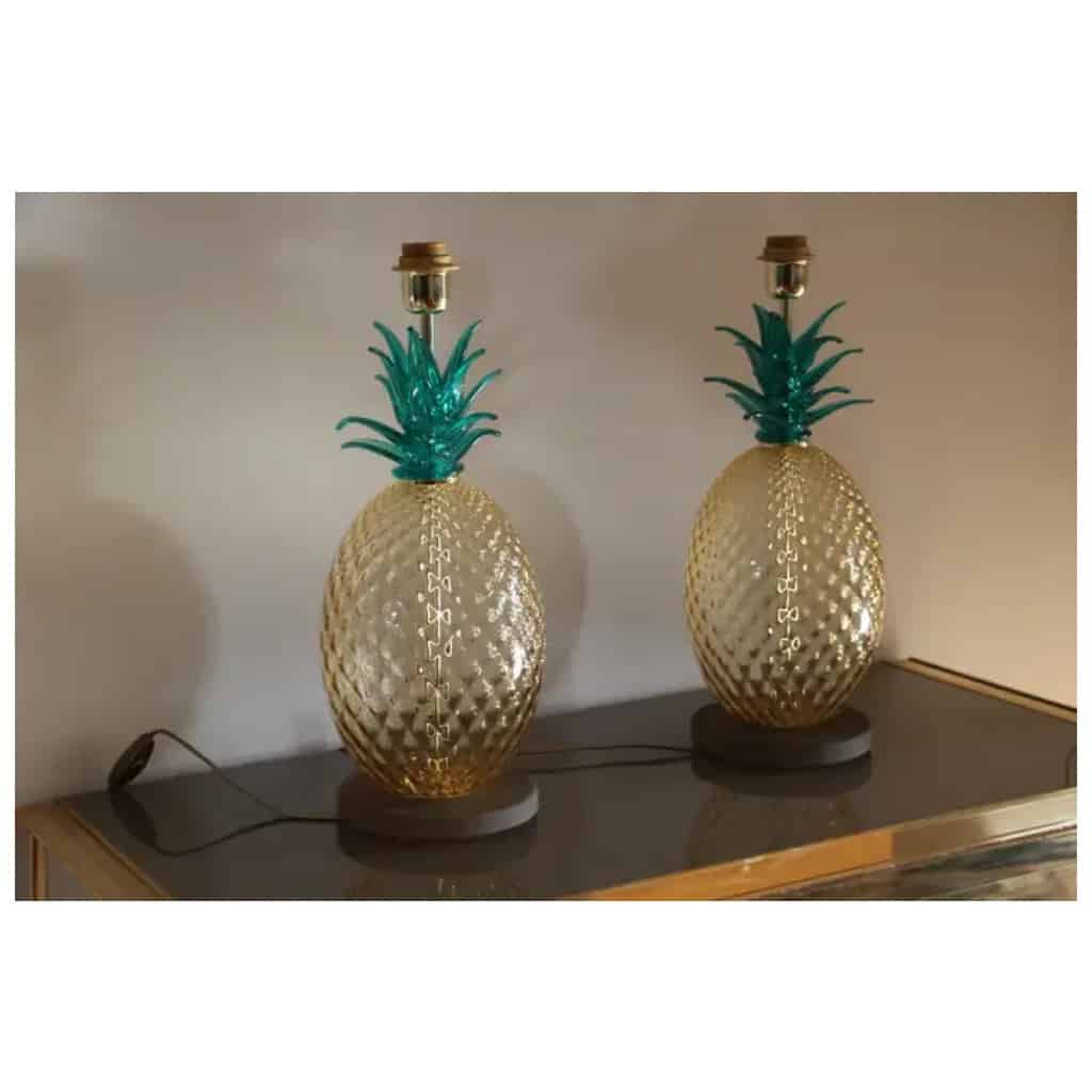 Paire de lampes de table ananas en verre de Murano de couleur vert émeraude et ambre 4