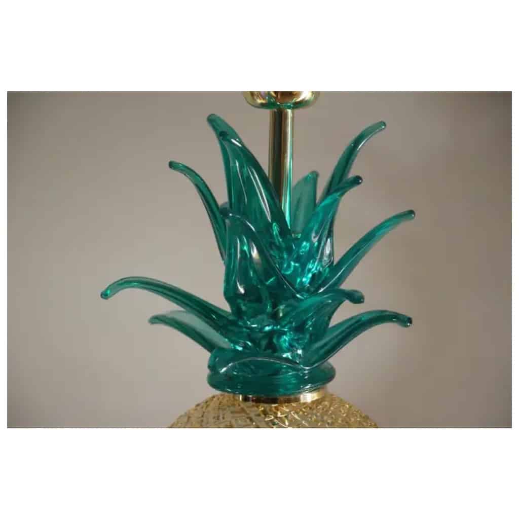 Pair of pineapple table lamps in Murano glass in emerald green and amber color 5