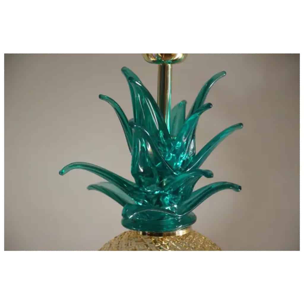 Paire de lampes de table ananas en verre de Murano de couleur vert émeraude et ambre 5