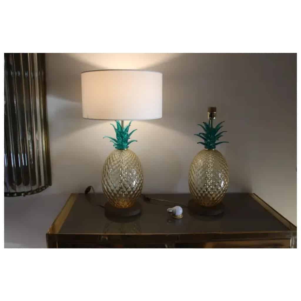 Pair of pineapple table lamps in Murano glass in emerald green and amber color 9