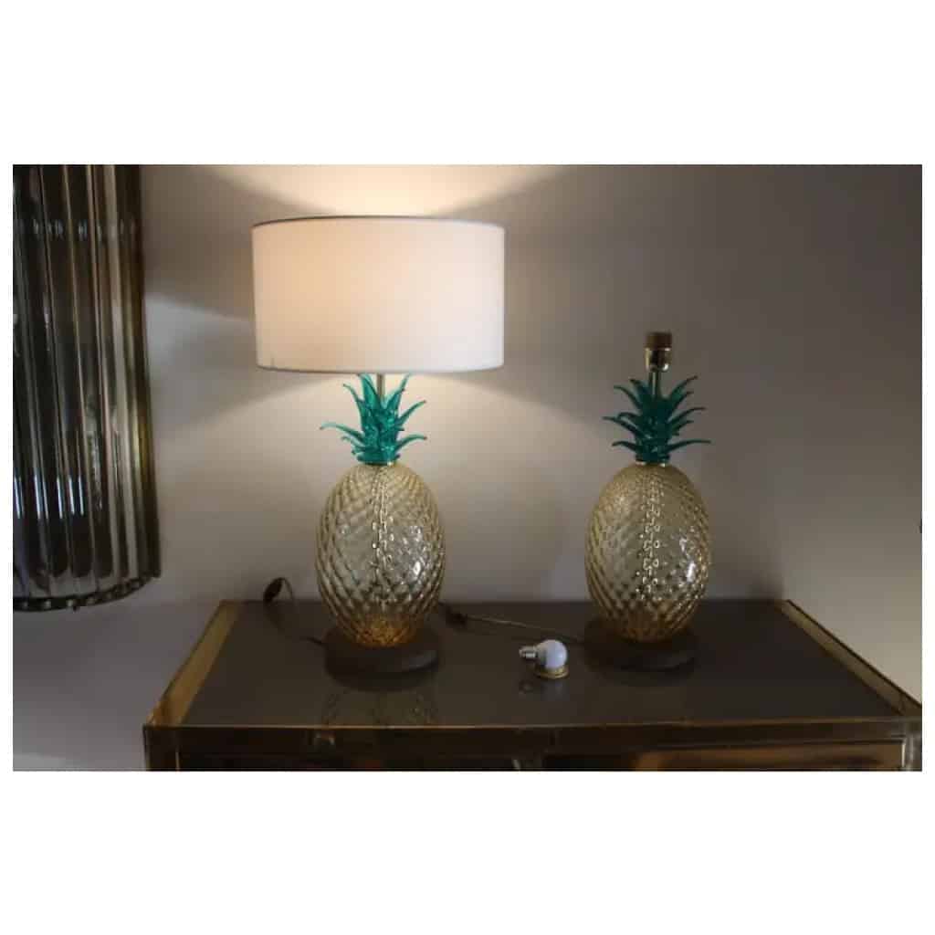 Paire de lampes de table ananas en verre de Murano de couleur vert émeraude et ambre 9