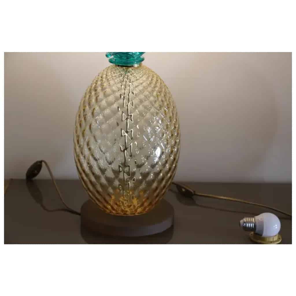 Paire de lampes de table ananas en verre de Murano de couleur vert émeraude et ambre 10